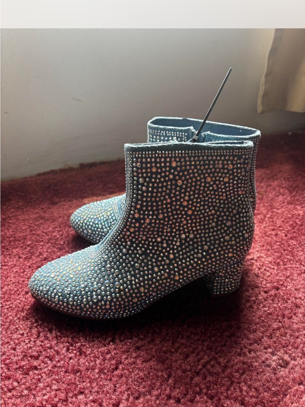 Crystal-Embellished Blue Girls Ankle Boots